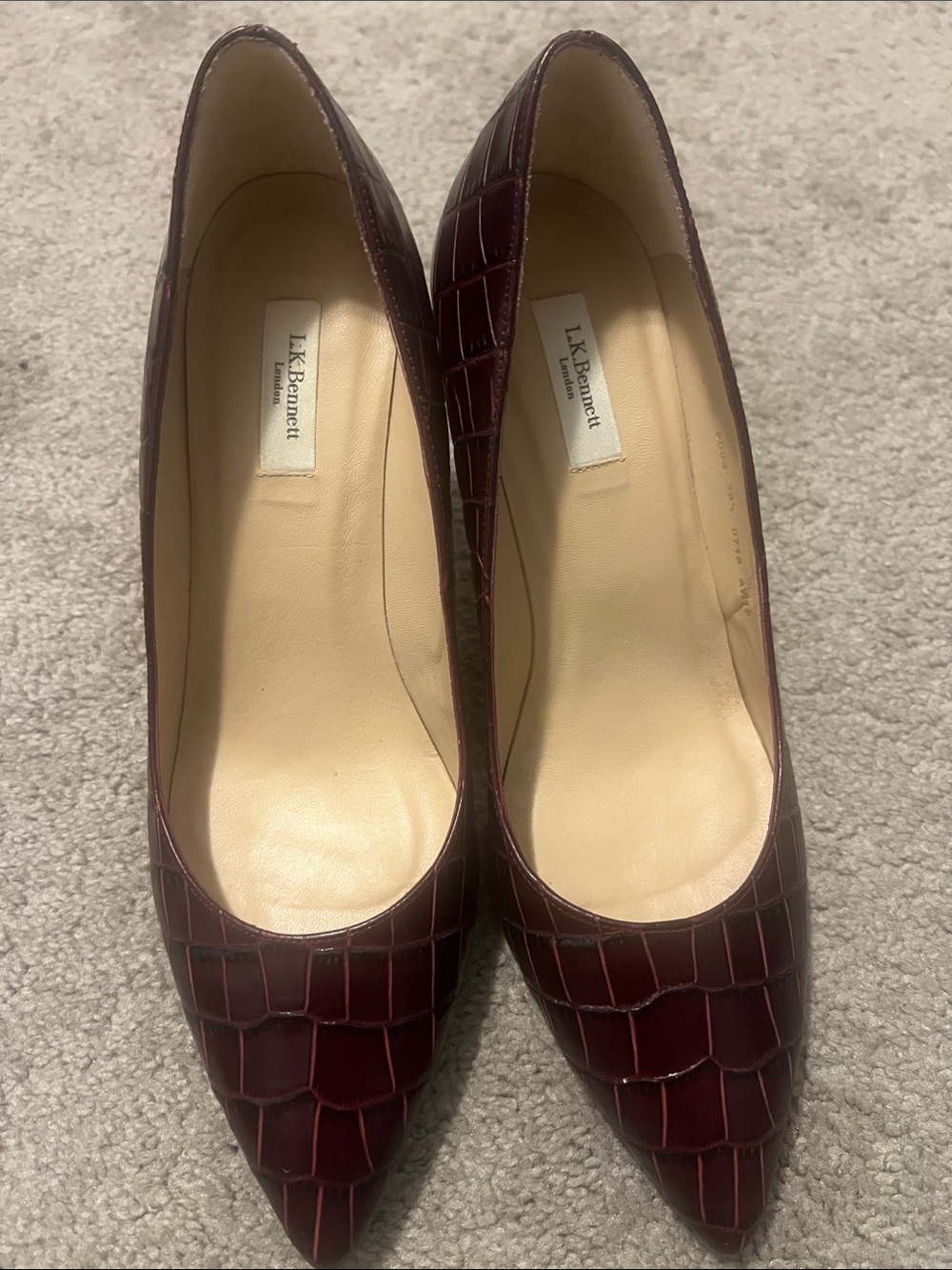 LK Bennett Croc-Embossed Pointed Pumps in Burgundy